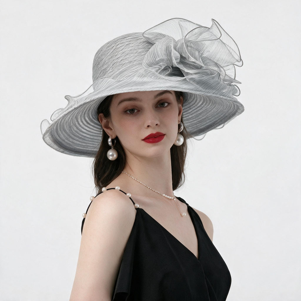 Light Grey Sheer Ruffled Wide-Brim Dress Hat - front view
