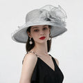 Light Grey Sheer Ruffled Wide-Brim Dress Hat - front view