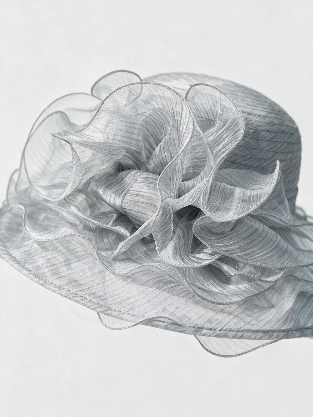 Light Grey Sheer Ruffled Wide-Brim Dress Hat - close-up of the fabric and trim