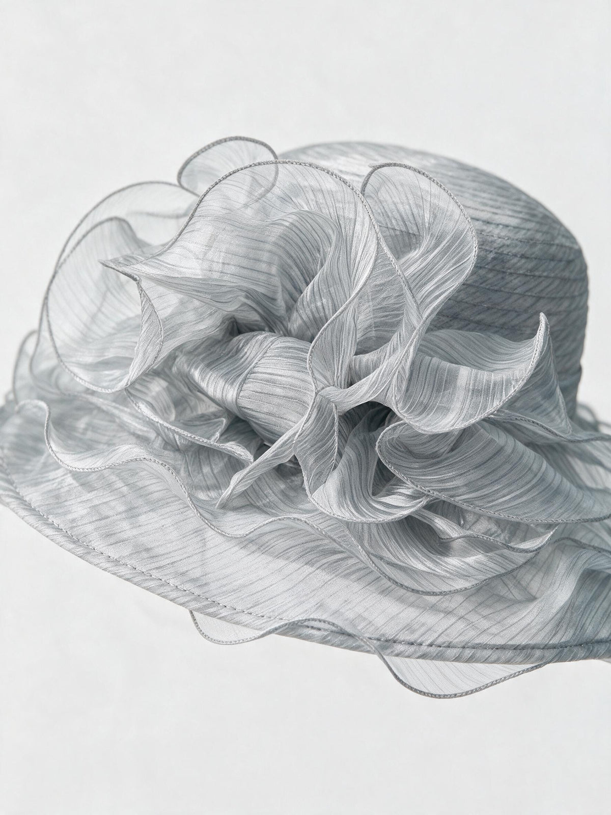 Light Grey Sheer Ruffled Wide-Brim Dress Hat - close-up of the fabric and trim