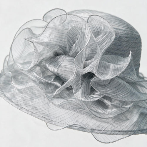 Light Grey Sheer Ruffled Wide-Brim Dress Hat - close-up of the fabric and trim