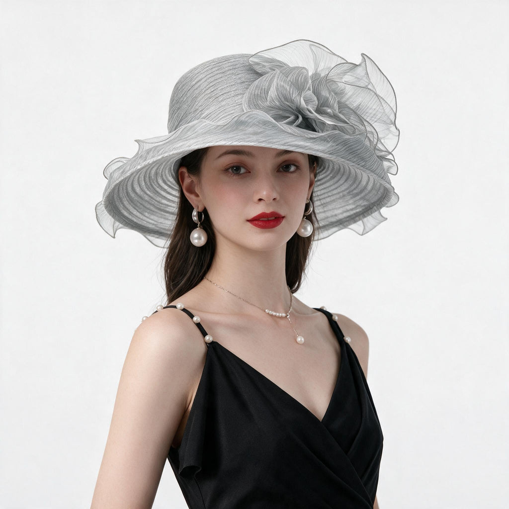 Light Grey Sheer Ruffled Wide-Brim Dress Hat - styled for a special occasion