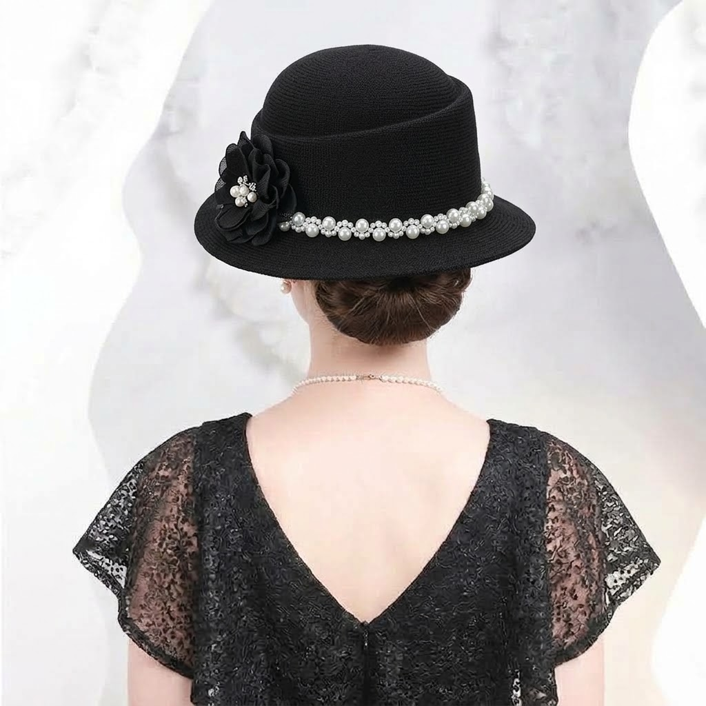 Vintage Pearl Band Camellia Wool Felt Cloche Hat