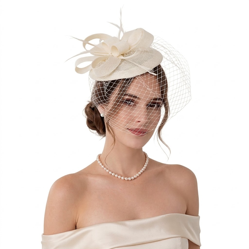 Feather Mesh Veiled Sinamay Pillbox Fascinator Hat