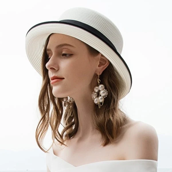 French Elegant Straw Bucket Sun Hat with Contrast Grosgrain Ribbon