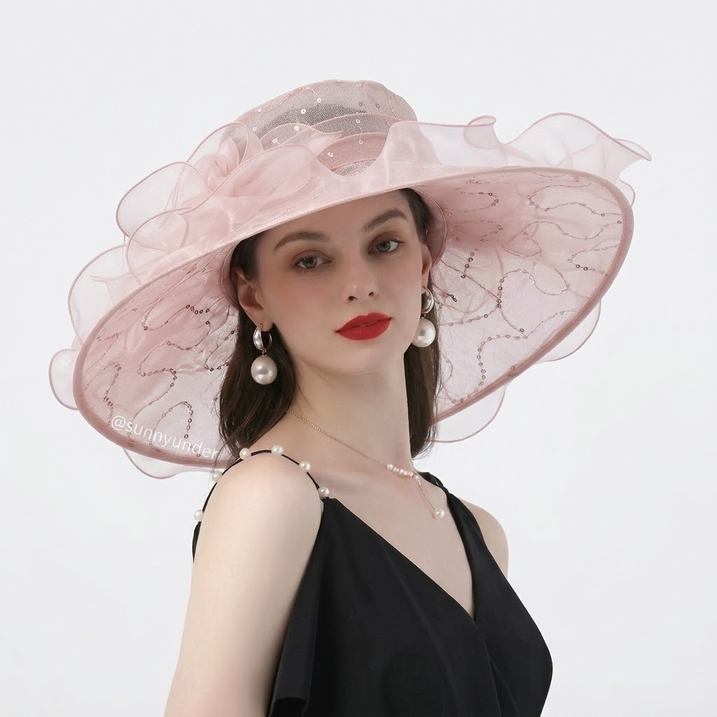 Floral Sequin Organza Ruffle Wide-Brim Sun Hat