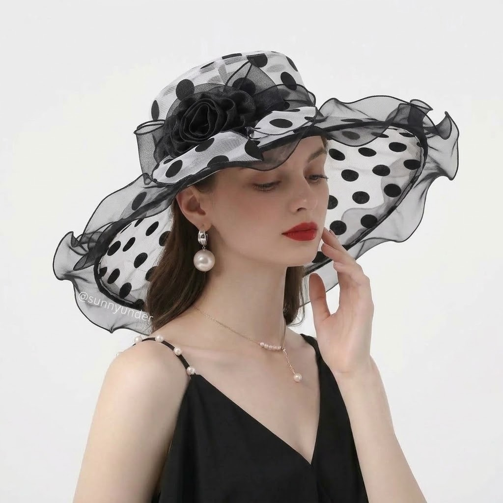 Polka Dot Organza Ruffle Wide-Brim Derby Sun Hat