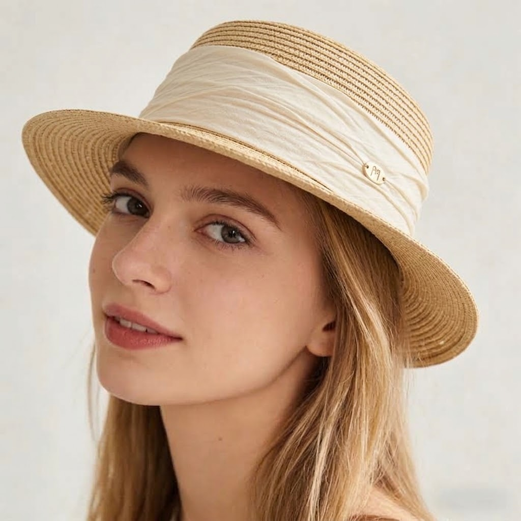Classic Straw Bucket Hat with Ruched Linen Band