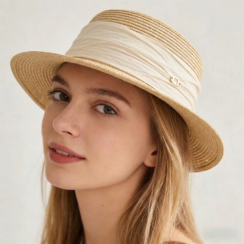 Classic Straw Bucket Hat with Ruched Linen Band