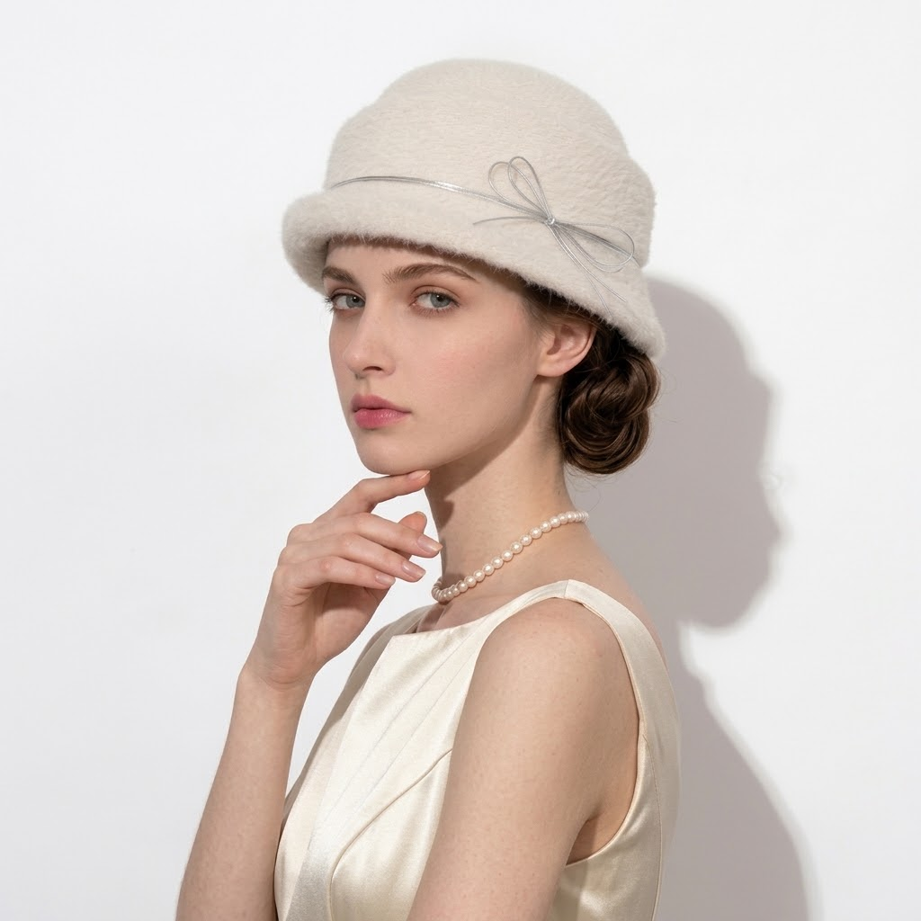 Vintage Angora Blend Felt Cloche Hat with Silver Bow