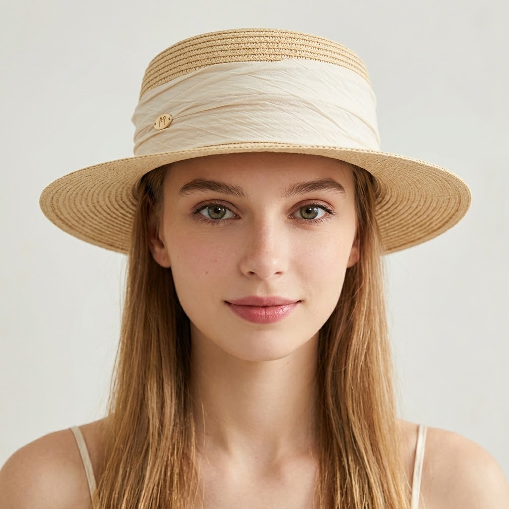 Classic Straw Bucket Hat with Ruched Linen Band