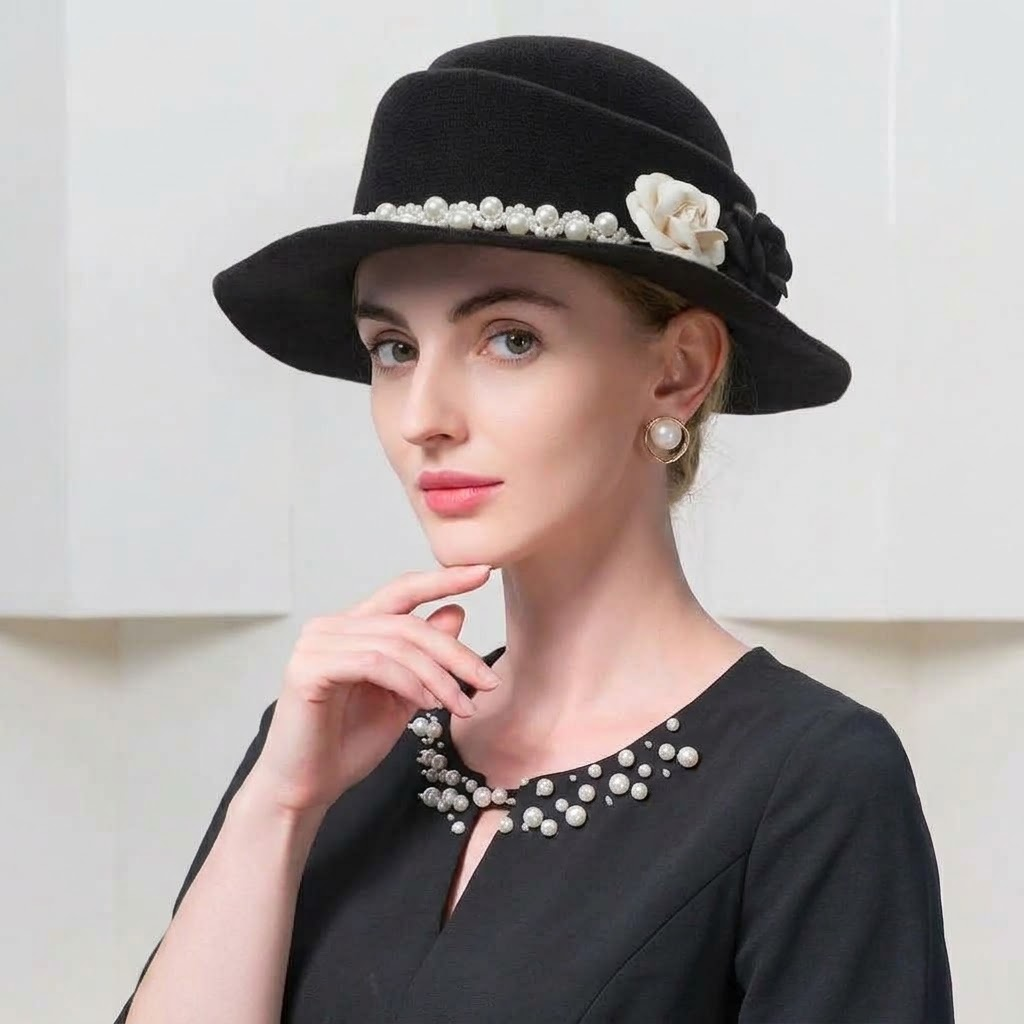 Vintage Pearl Band Camellia Wool Felt Cloche Hat