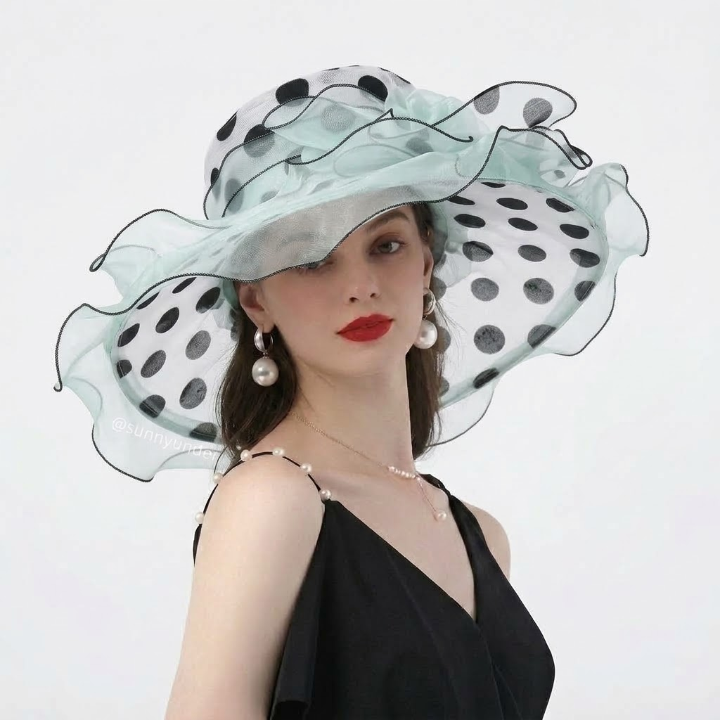 Polka Dot Organza Ruffle Wide-Brim Derby Sun Hat