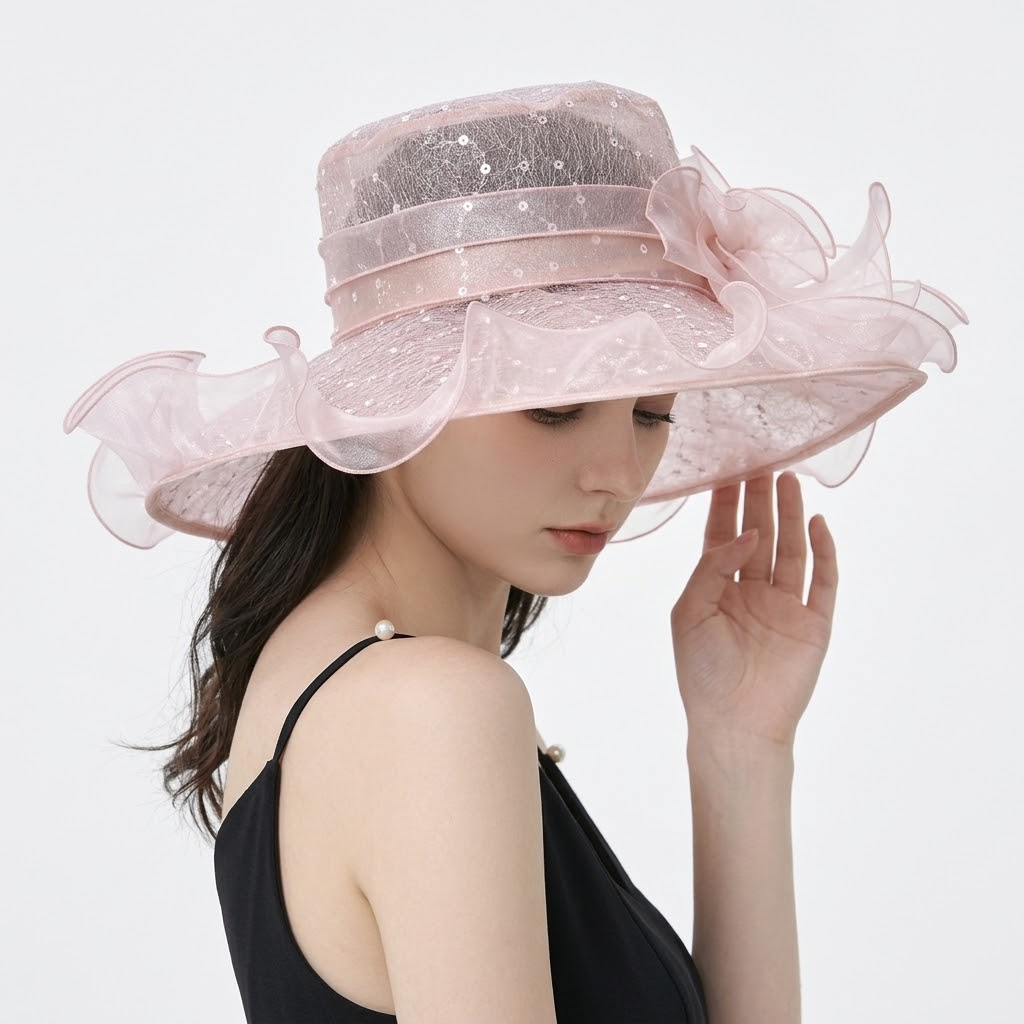 Floral Sequin Organza Ruffle Wide-Brim Sun Hat