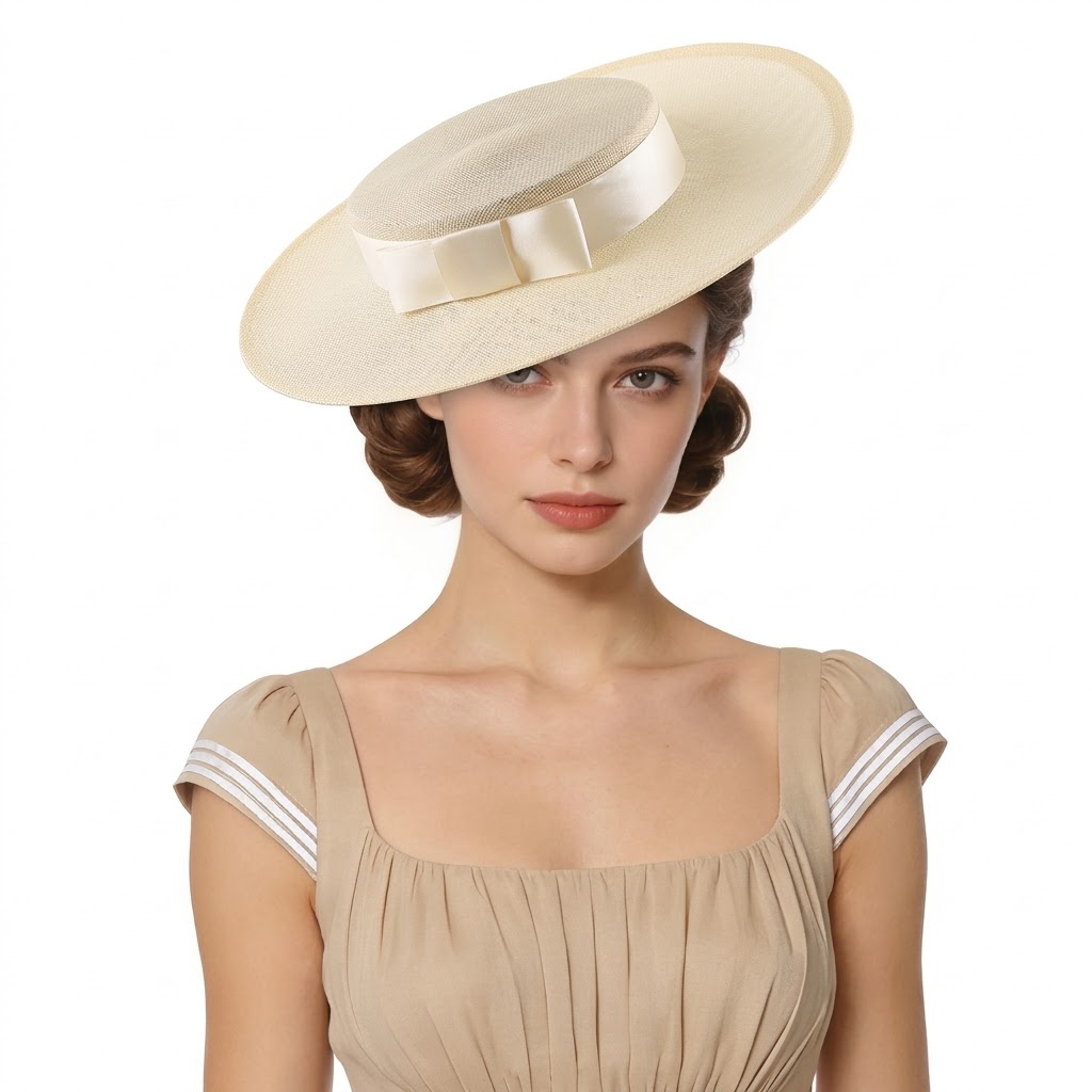 Classic Sinamay Flat Crown Boater Hat with Satin Ribbon Bow
