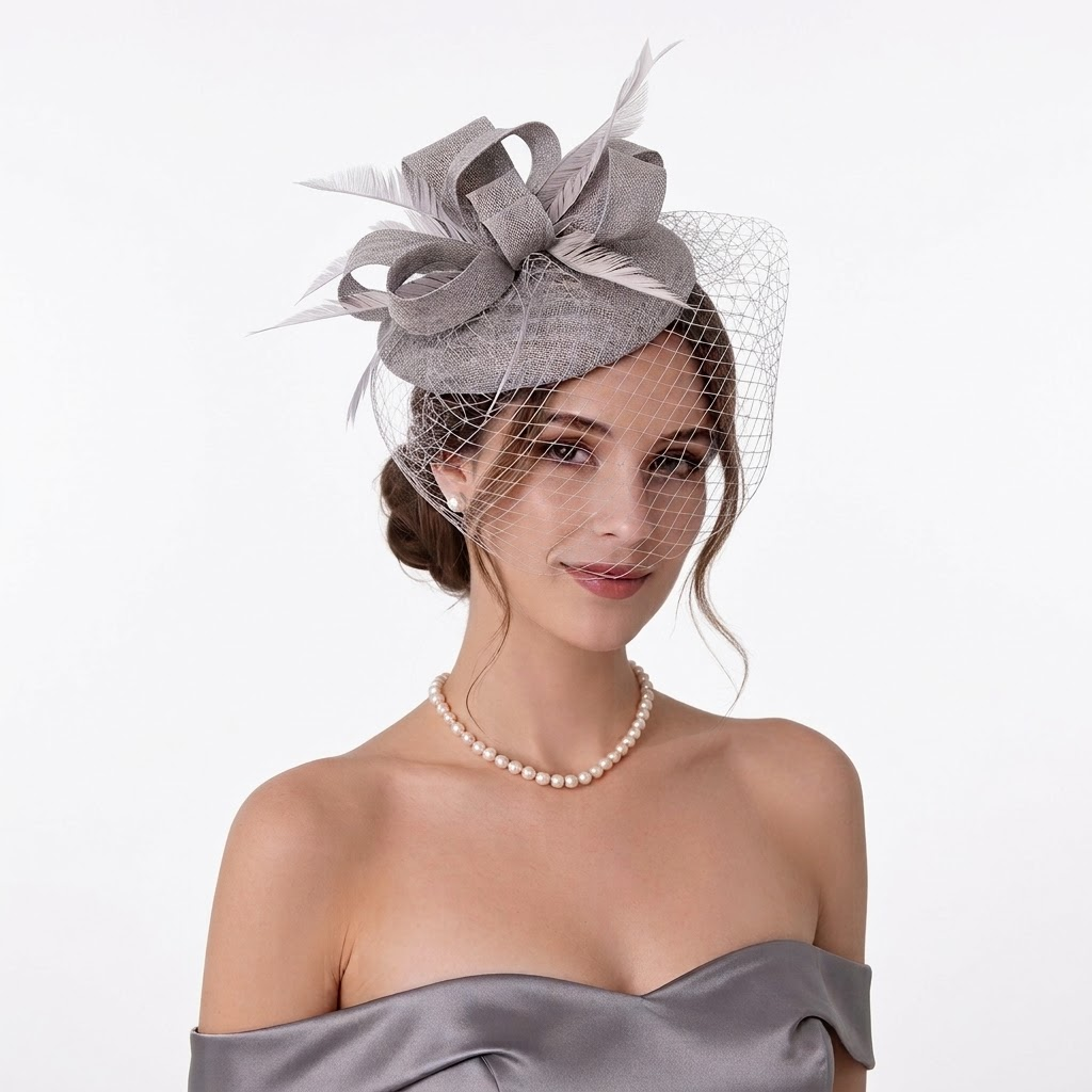 Feather Mesh Veiled Sinamay Pillbox Fascinator Hat