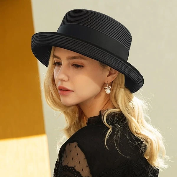 French Elegant Straw Bucket Sun Hat with Contrast Grosgrain Ribbon