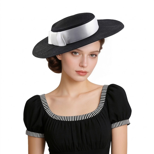 Classic Sinamay Flat Crown Boater Hat with Satin Ribbon Bow