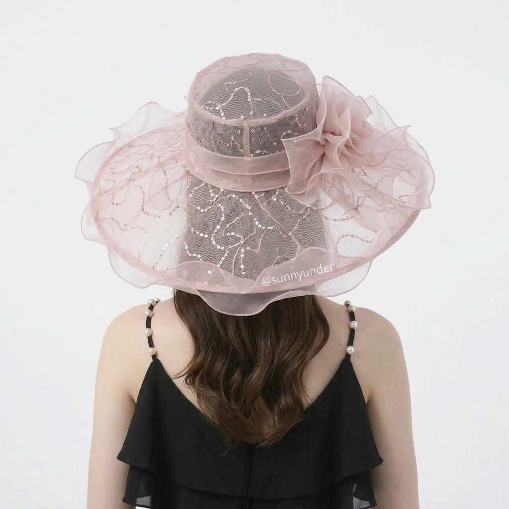 Floral Sequin Organza Ruffle Wide-Brim Sun Hat