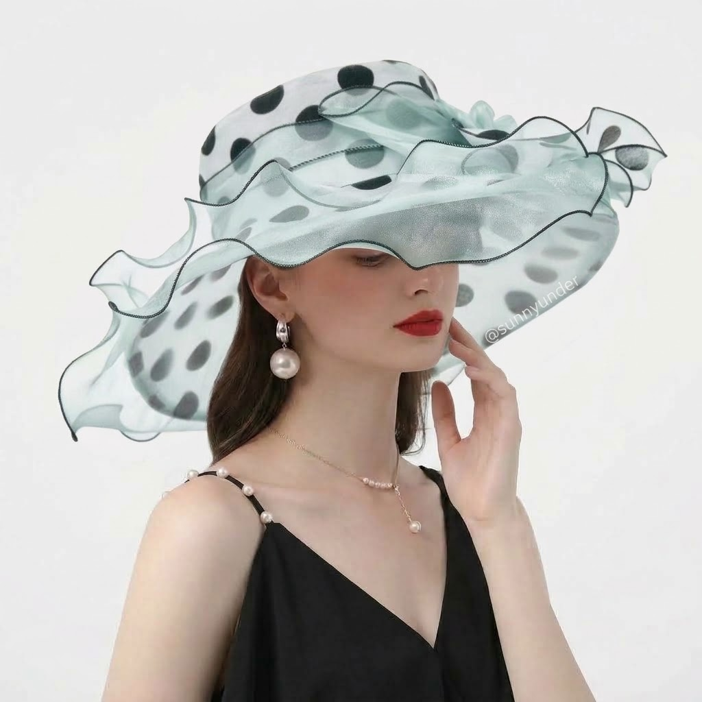 Polka Dot Organza Ruffle Wide-Brim Derby Sun Hat