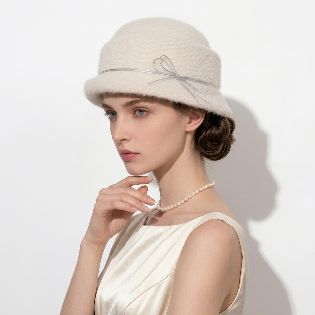 Vintage Angora Blend Felt Cloche Hat with Silver Bow