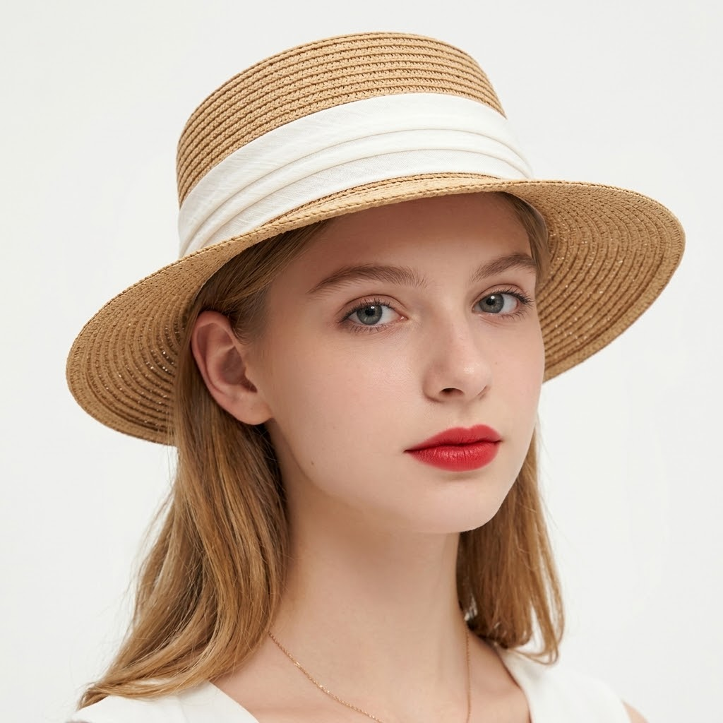 Classic Straw Bucket Hat with Ruched Linen Band