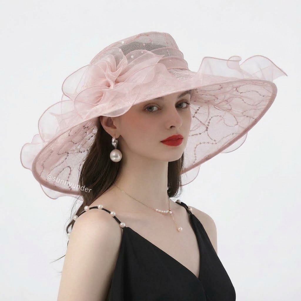 Floral Sequin Organza Ruffle Wide-Brim Sun Hat