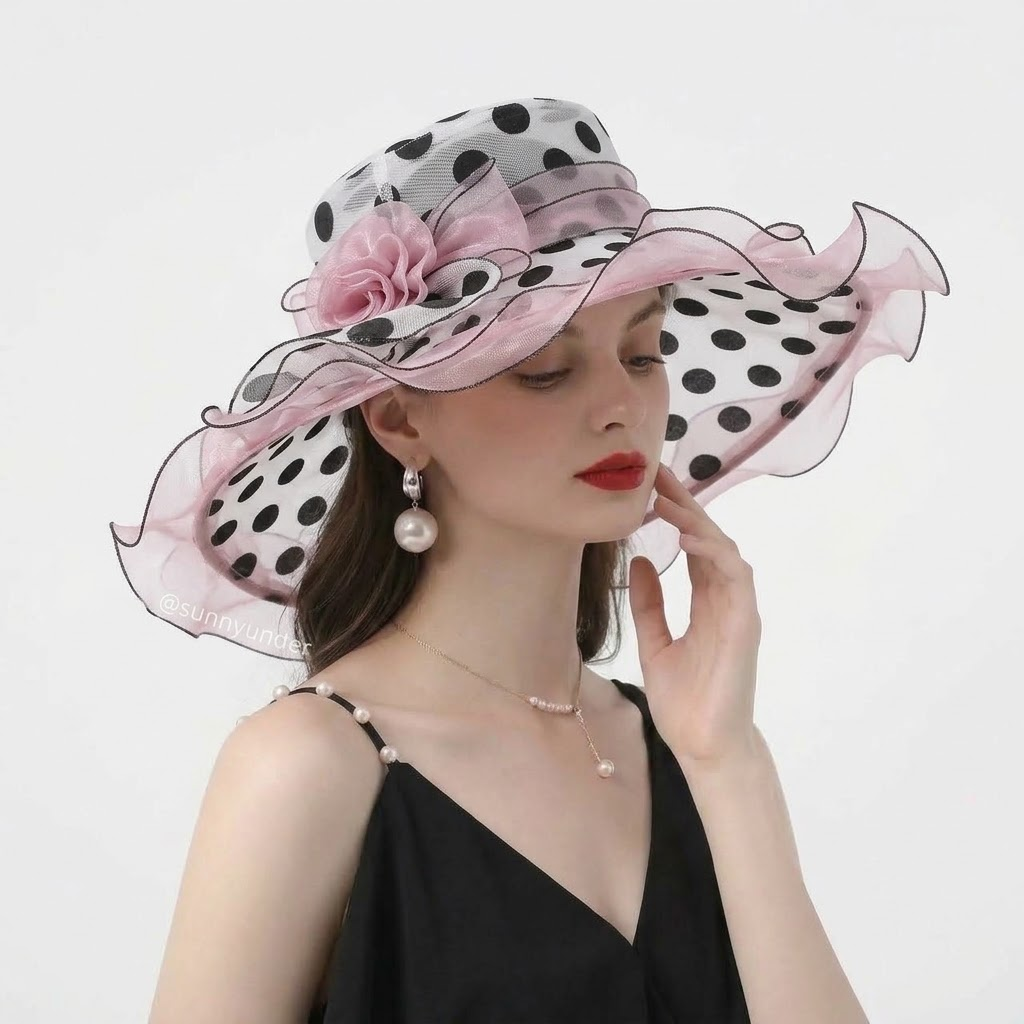 Polka Dot Organza Ruffle Wide-Brim Derby Sun Hat