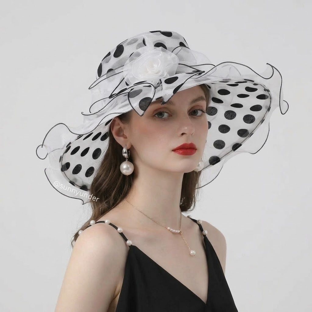 Polka Dot Organza Ruffle Wide-Brim Derby Sun Hat