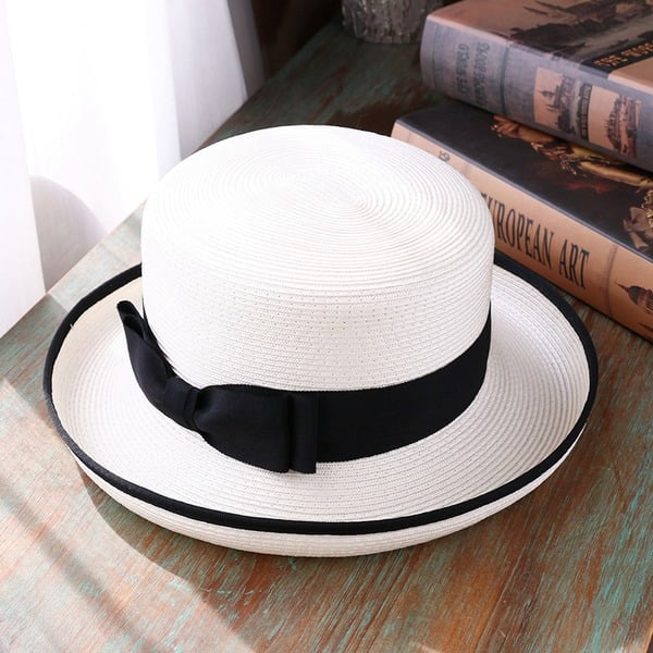 French Elegant Straw Bucket Sun Hat with Contrast Grosgrain Ribbon