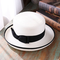 French Elegant Straw Bucket Sun Hat with Contrast Grosgrain Ribbon