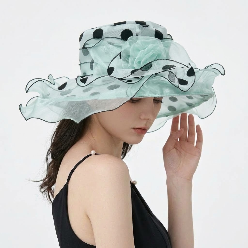 Polka Dot Organza Ruffle Wide-Brim Derby Sun Hat