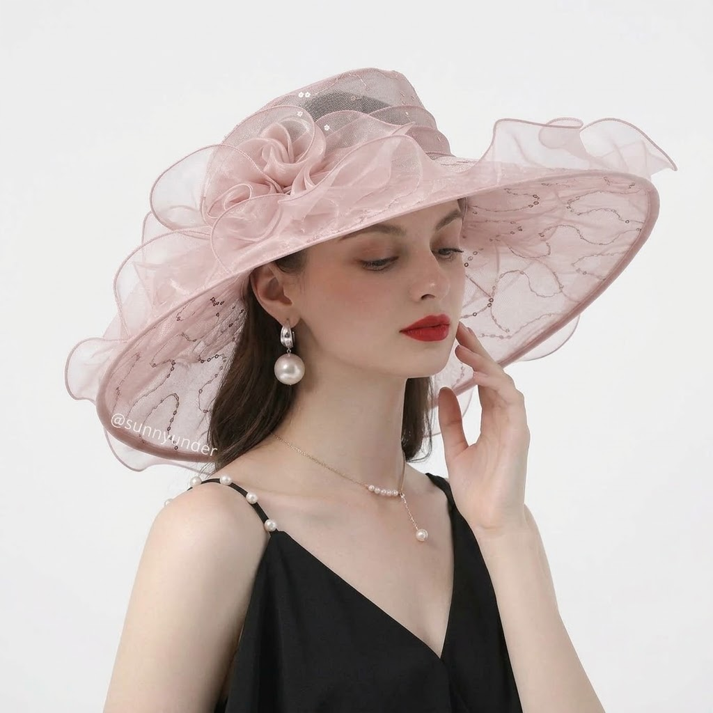 Floral Sequin Organza Ruffle Wide-Brim Sun Hat