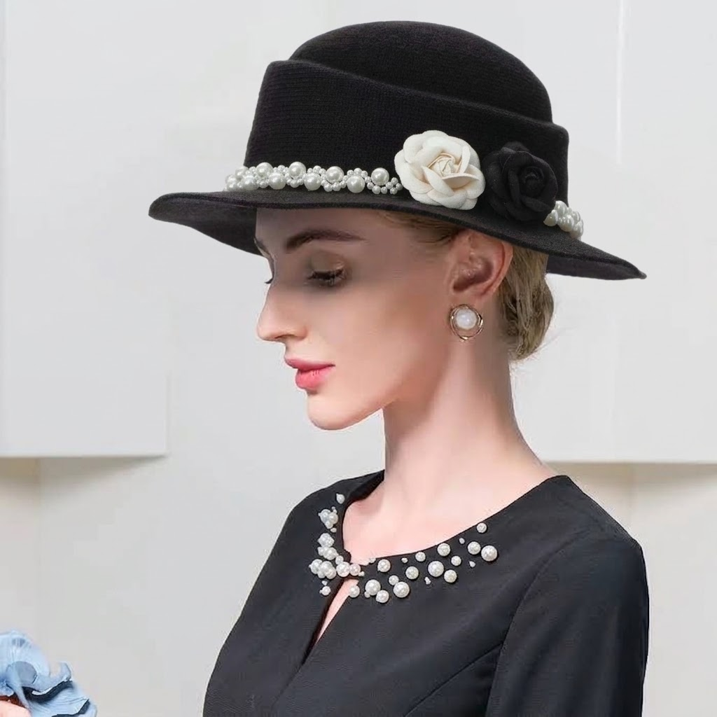 Vintage Pearl Band Camellia Wool Felt Cloche Hat